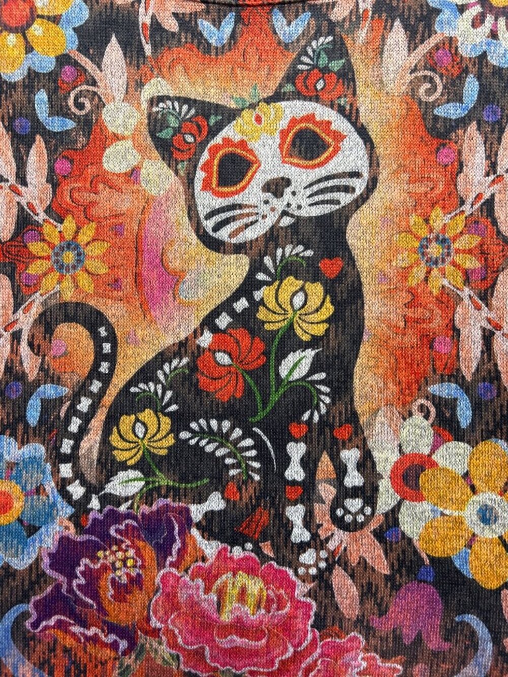 Energe Womens Sz Large Colorful Cat & Floral Print Long Sleeve Top Vibrant Boho - Picture 3 of 10